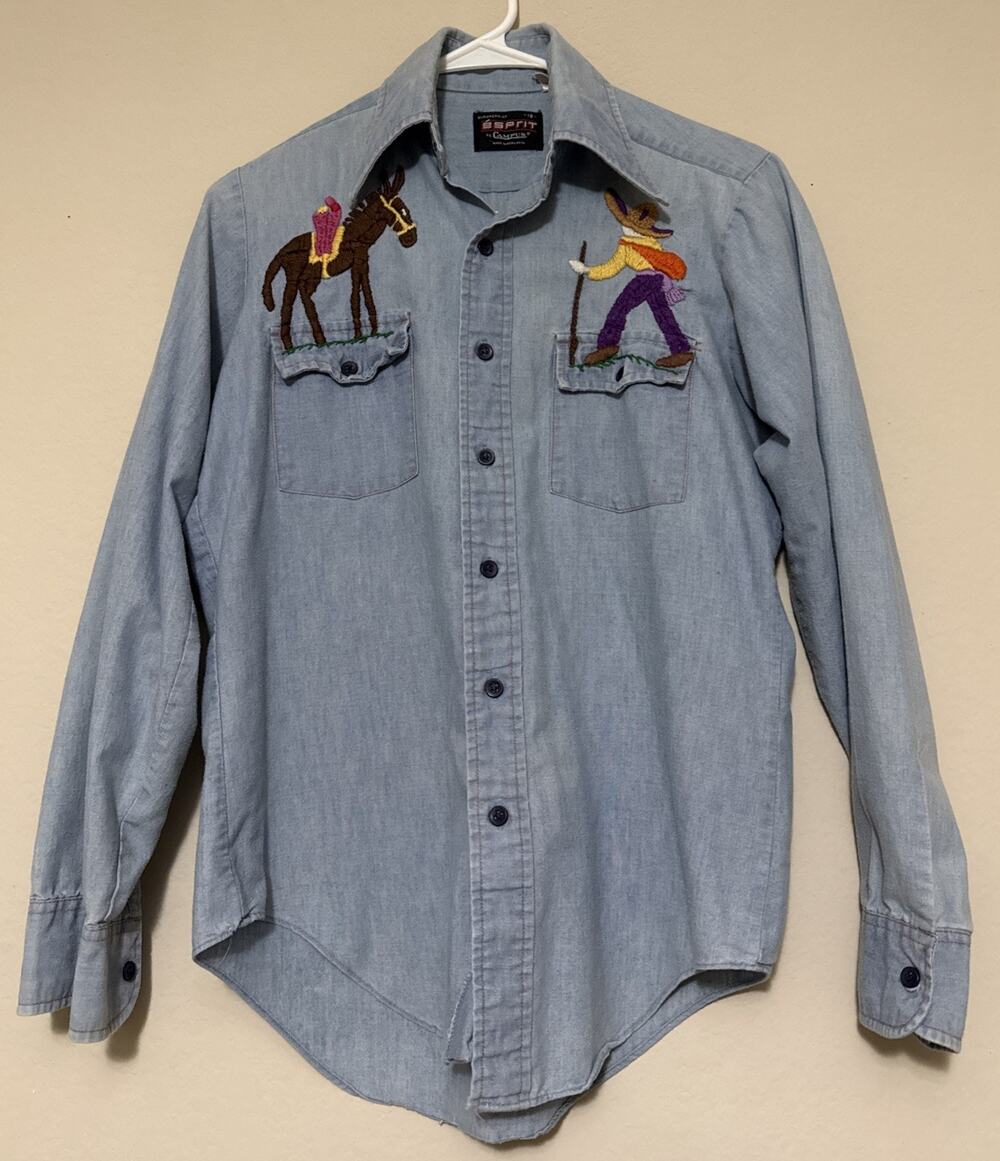 Vtg Esprit Blue Denim Embroidered Button Up Long Sleeve Shirt 18